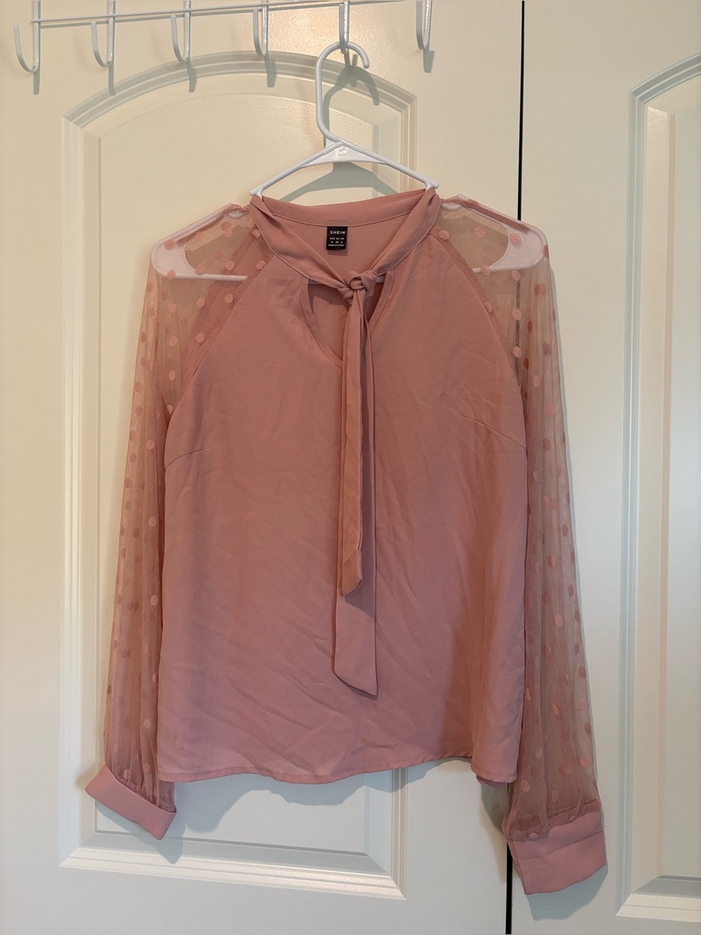 SHEIN Dusty Rose Tie-Neck Polka Dot Sheer Sleeve Blouse